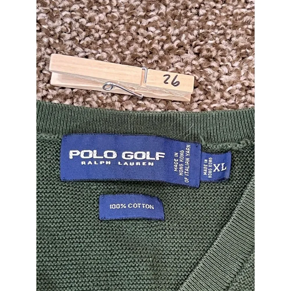 Polo Ralph Lauren Mens Large Green V‎ Neck Merino Wool Pony Sweater